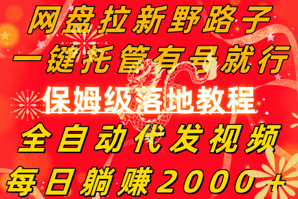 网盘拉新野路子，一键托管有号就行，全自动代发视频，每日躺赚2000＋，…-逍遥资源网